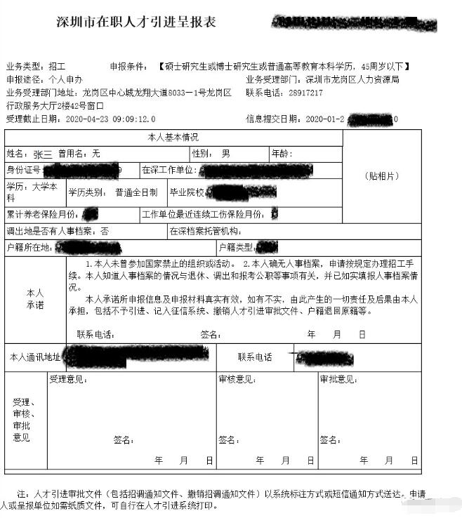 2020年全日制學(xué)歷大學(xué)生深圳市入戶人才引進(jìn)申報(bào)材料樣板