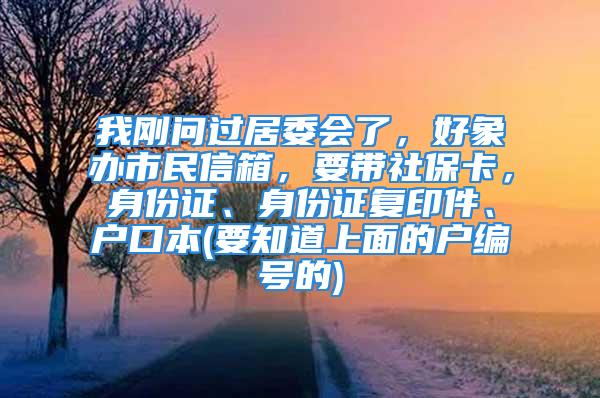 我剛問過居委會了，好象辦市民信箱，要帶社保卡，身份證、身份證復印件、戶口本(要知道上面的戶編號的)