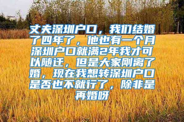 丈夫深圳戶口，我們結婚了四年了，他也有一個月深圳戶口就滿2年我才可以隨遷，但是大家剛離了婚，現(xiàn)在我想轉深圳戶口是否也不就行了，除非是再婚呀